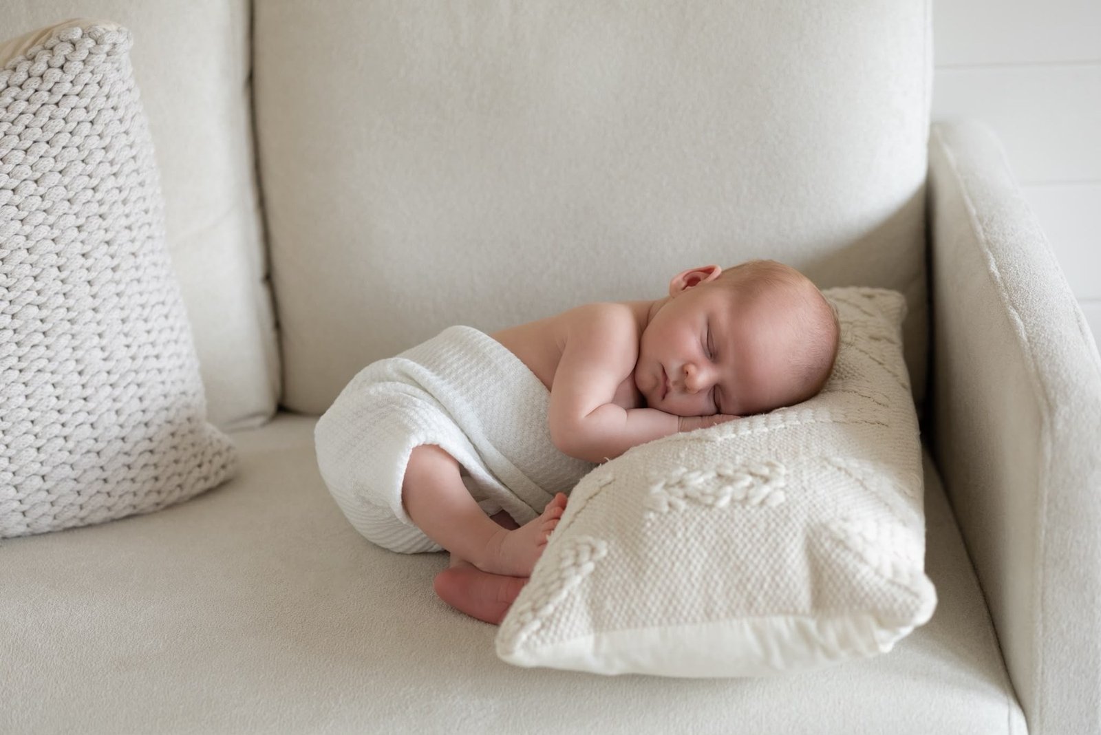 Sleeping newborn nestled in soft cream blankets
